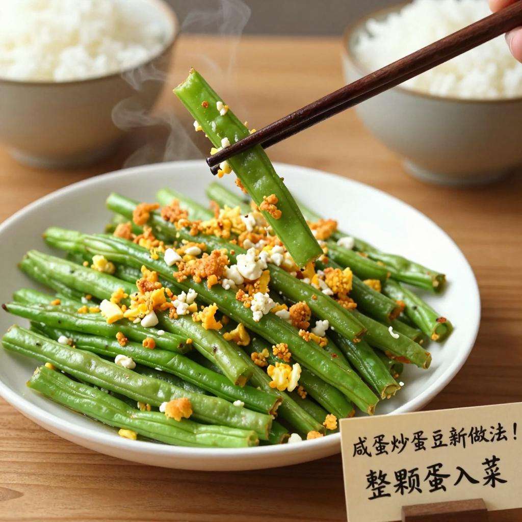 咸蛋炒四季豆新做法！整颗蛋入菜，咸香下饭-云溯流哉互尼烹饪网