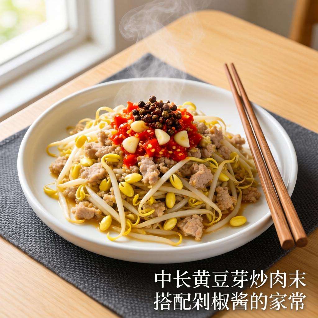 中长黄豆芽炒肉末搭配剁椒酱的家常做法-哉互尼烹饪网