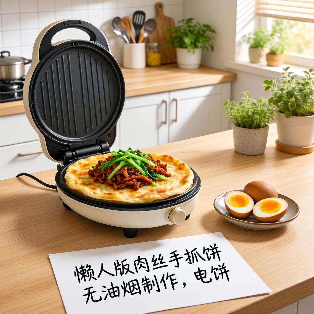 懒人版肉丝手抓饼无油烟制作，电饼铛3分钟搞定营养早餐
