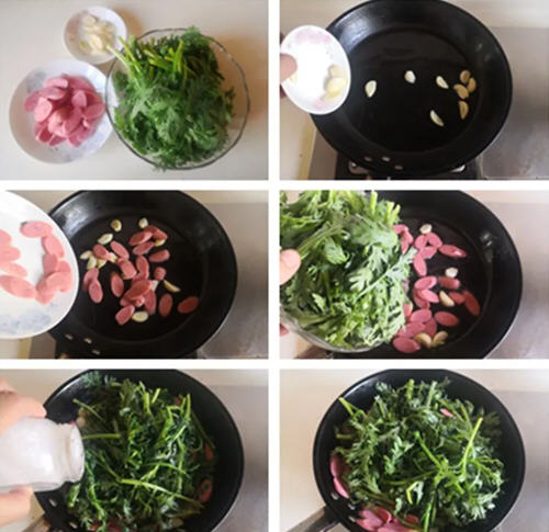 茼蒿炒火腿肠2 茼蒿炒火腿肠2