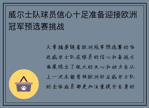 威尔士队球员信心十足准备迎接欧洲冠军预选赛挑战
