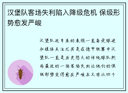 汉堡队客场失利陷入降级危机 保级形势愈发严峻