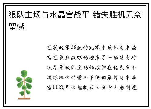 狼队主场与水晶宫战平 错失胜机无奈留憾