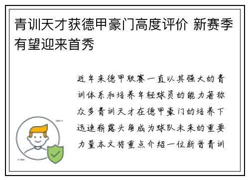 青训天才获德甲豪门高度评价 新赛季有望迎来首秀