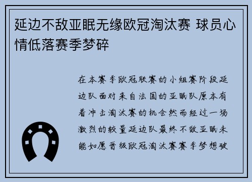 延边不敌亚眠无缘欧冠淘汰赛 球员心情低落赛季梦碎